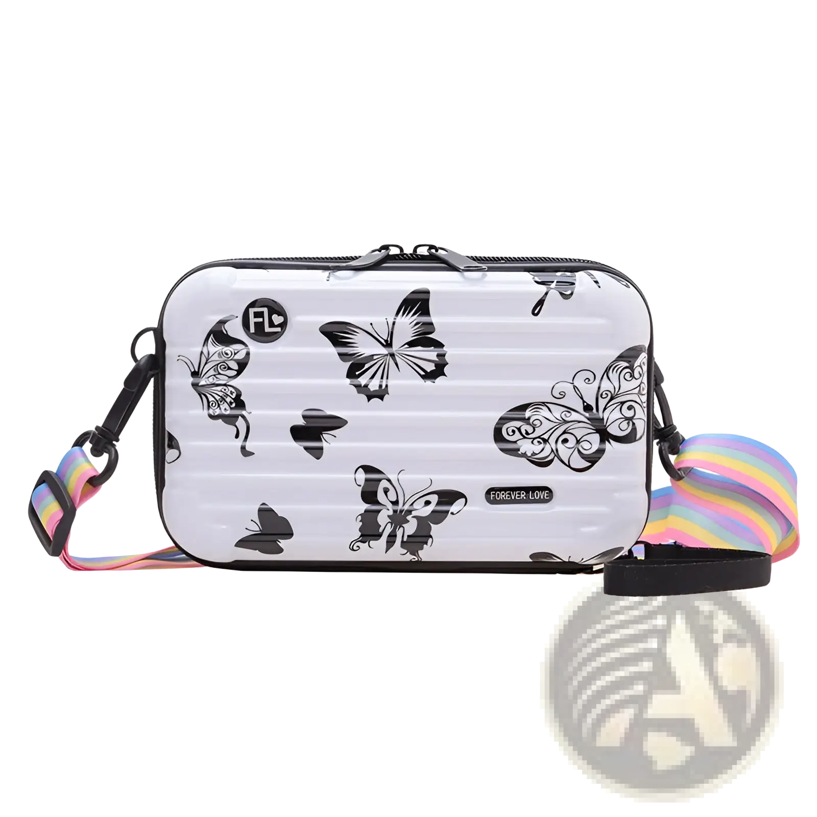 White hard-shell mini suitcase crossbody bag with black butterfly decals and rainbow-striped strap for casual use