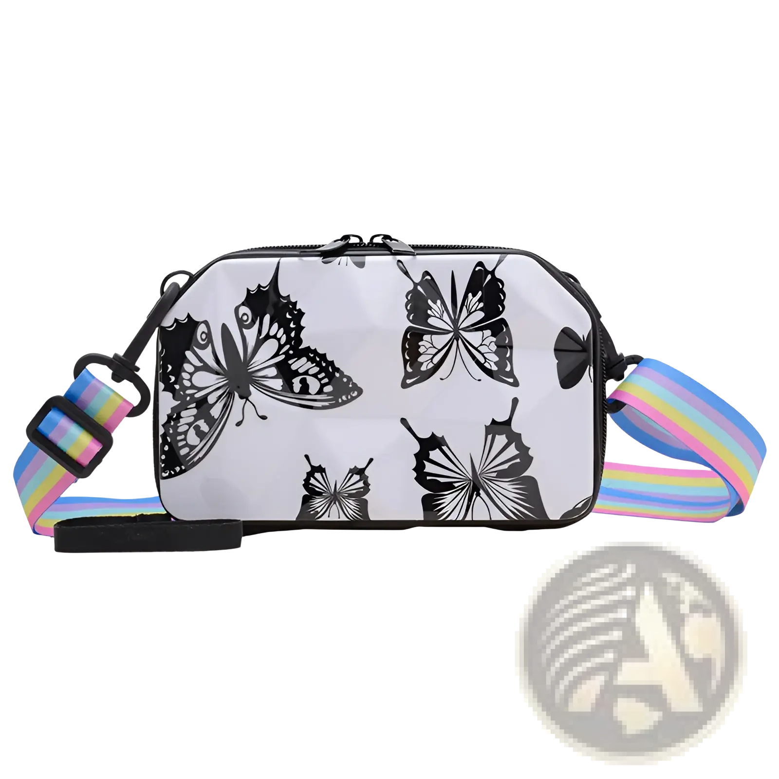 Transparent white mini suitcase crossbody bag with black butterfly silhouettes and a rainbow-striped strap