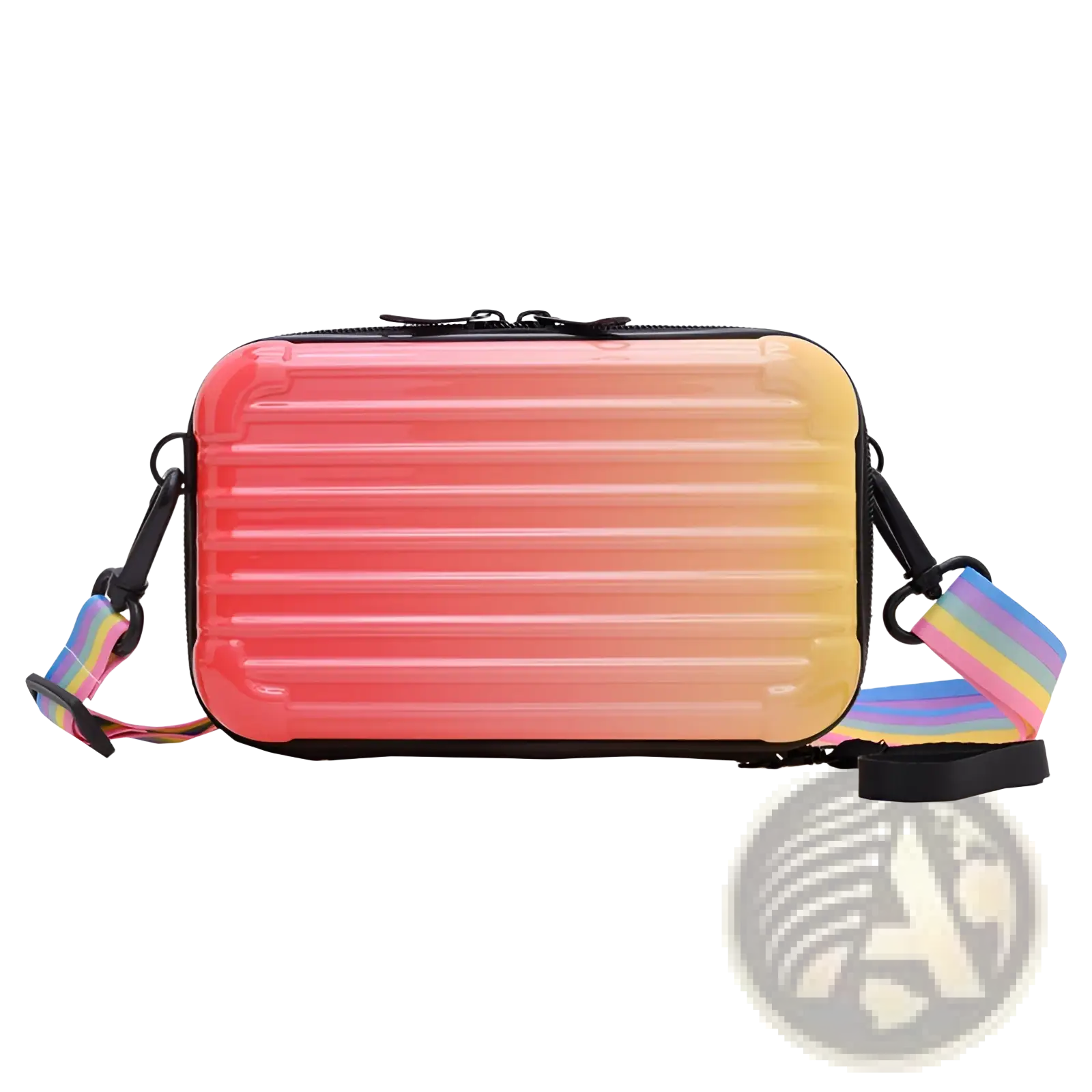 Mini suitcase crossbody bag with a vibrant gradient ribbed hard shell and a rainbow-striped strap