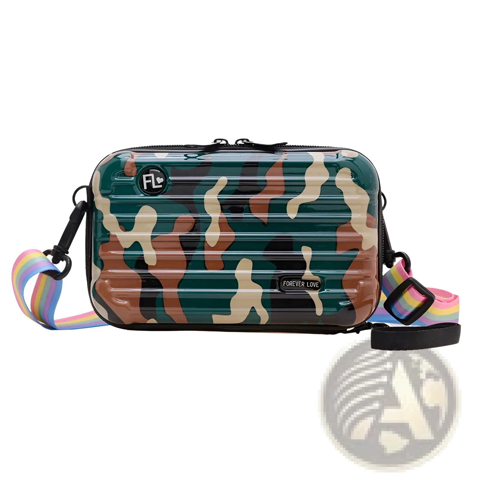 Mini suitcase crossbody bag with a hard-shell camouflage design and rainbow-striped adjustable straps