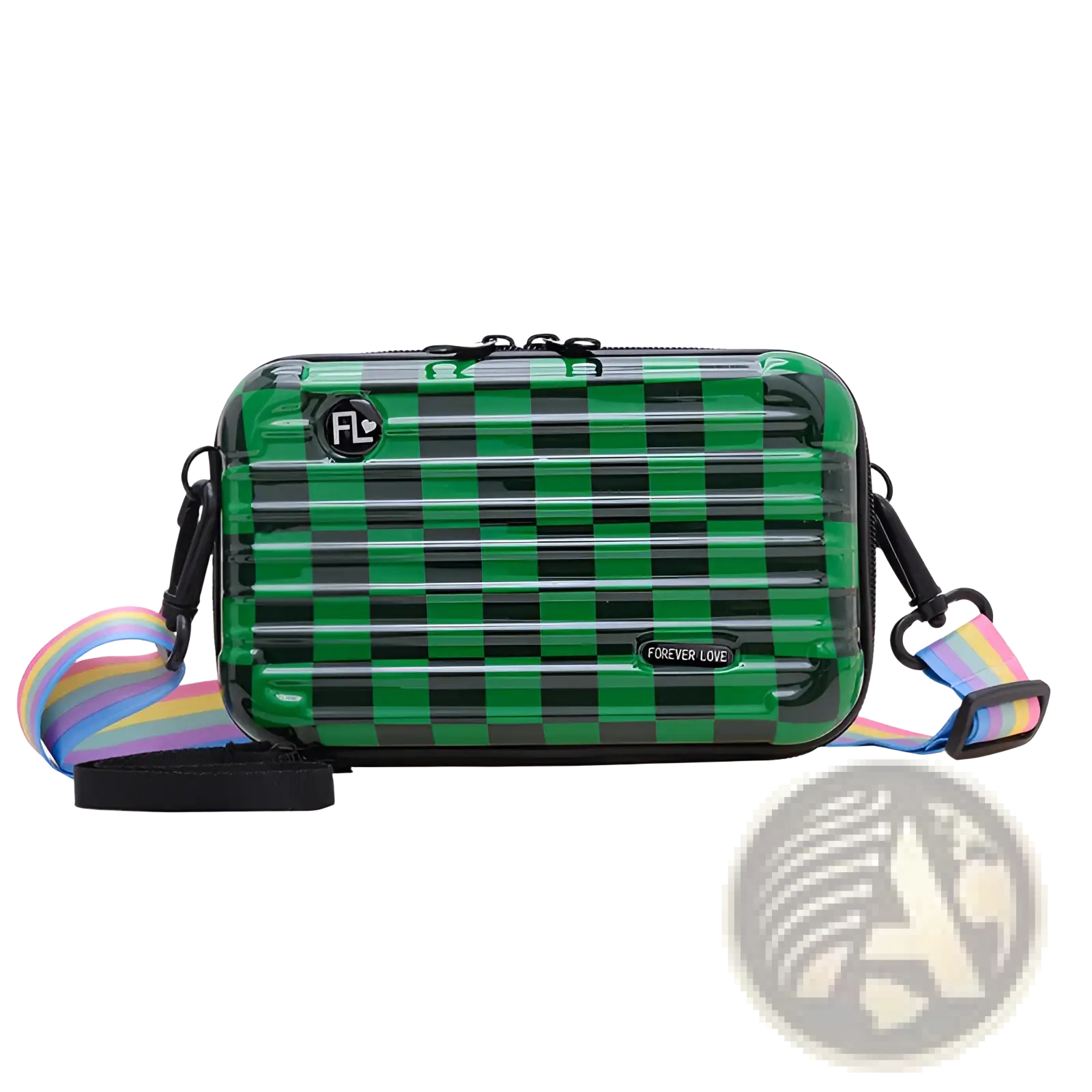 Mini suitcase crossbody bag in green and black checkered pattern with rainbow-striped adjustable shoulder strap