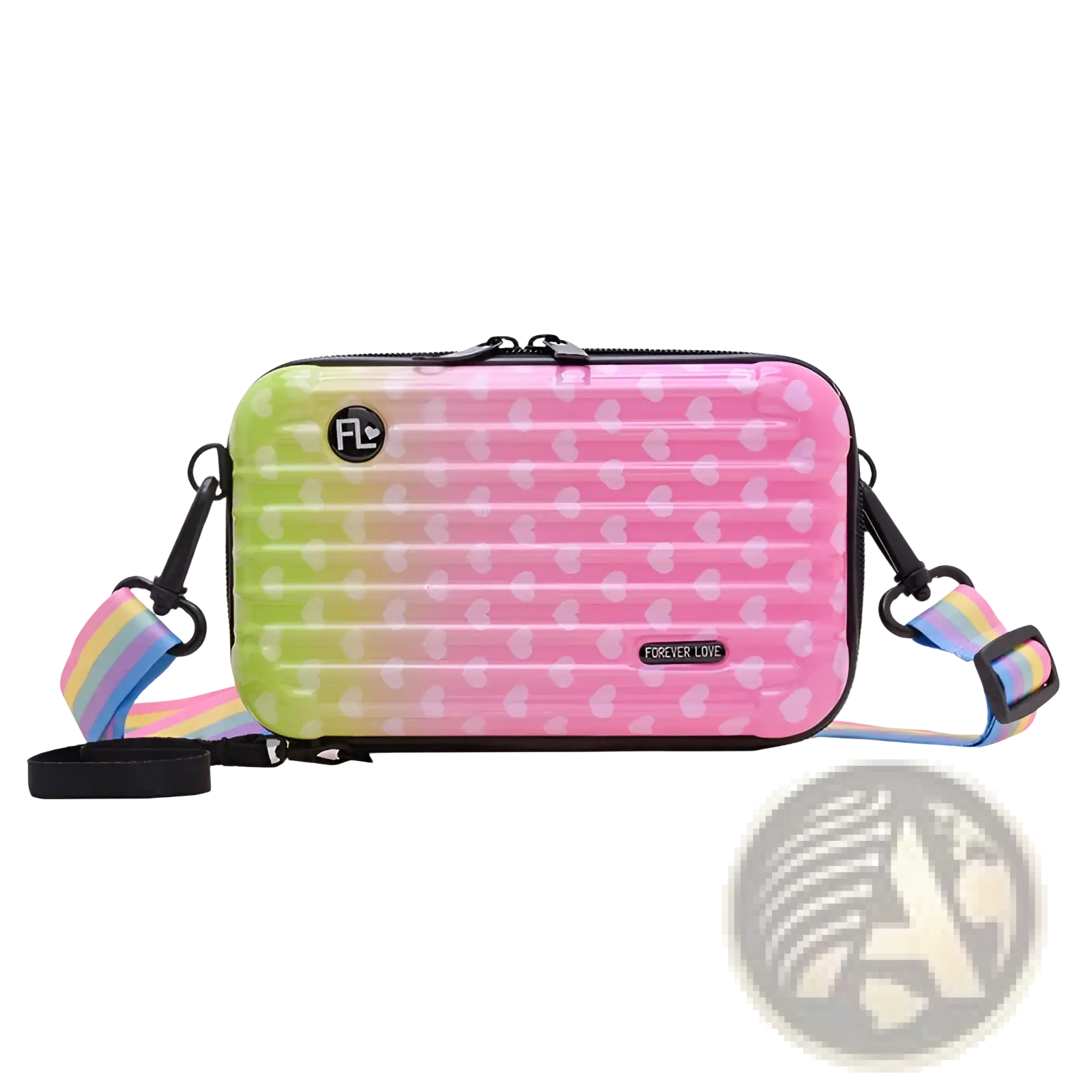 Mini suitcase crossbody bag with vibrant pink and green gradient heart pattern and rainbow-striped straps