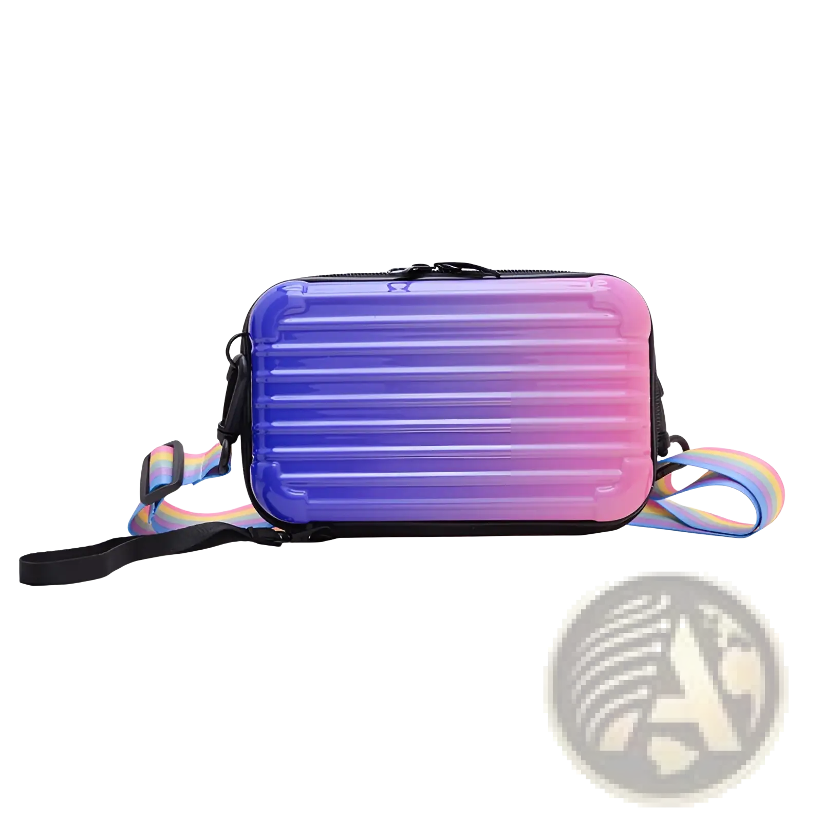 Mini suitcase crossbody bag in vibrant gradient purple to pink with rainbow-striped strap and black hardware