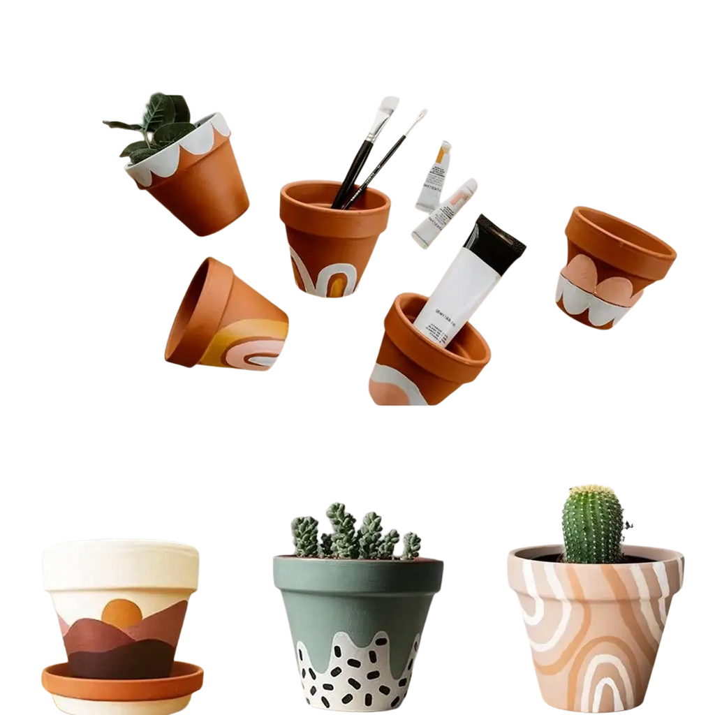 Mini terracotta pots 16 pack with painted geometric and landscape designs in earthy tones for party favors drop test approved