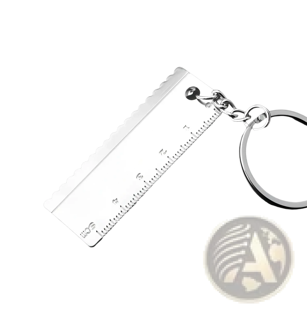 Silver metallic keychain ruler with serrated edge and engraved measurements in mini tool keychain set metal multi-tool