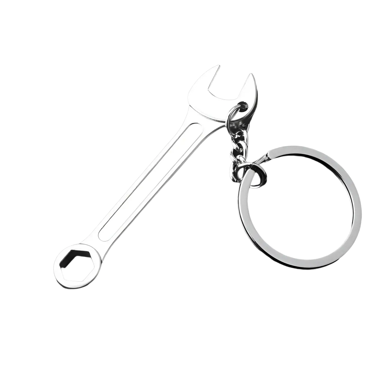 Shiny silver metal wrench-shaped mini tool keychain with chain and ring for versatile use and easy carrying