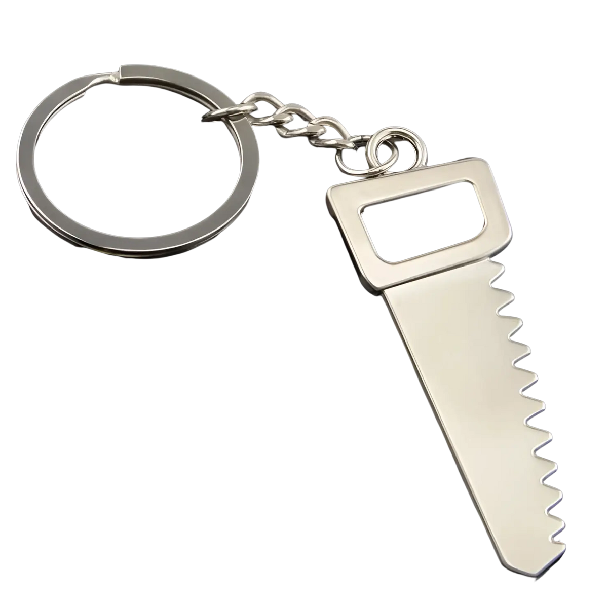 Silver metal mini tool keychain shaped like a saw with serrated edge and rectangular handle for multi-tool key ring set