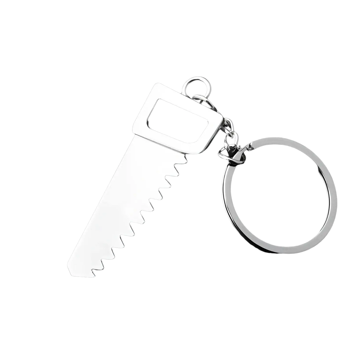 Silver metal mini tool keychain shaped like a saw with rectangular handle and serrated blade for multi-tool use