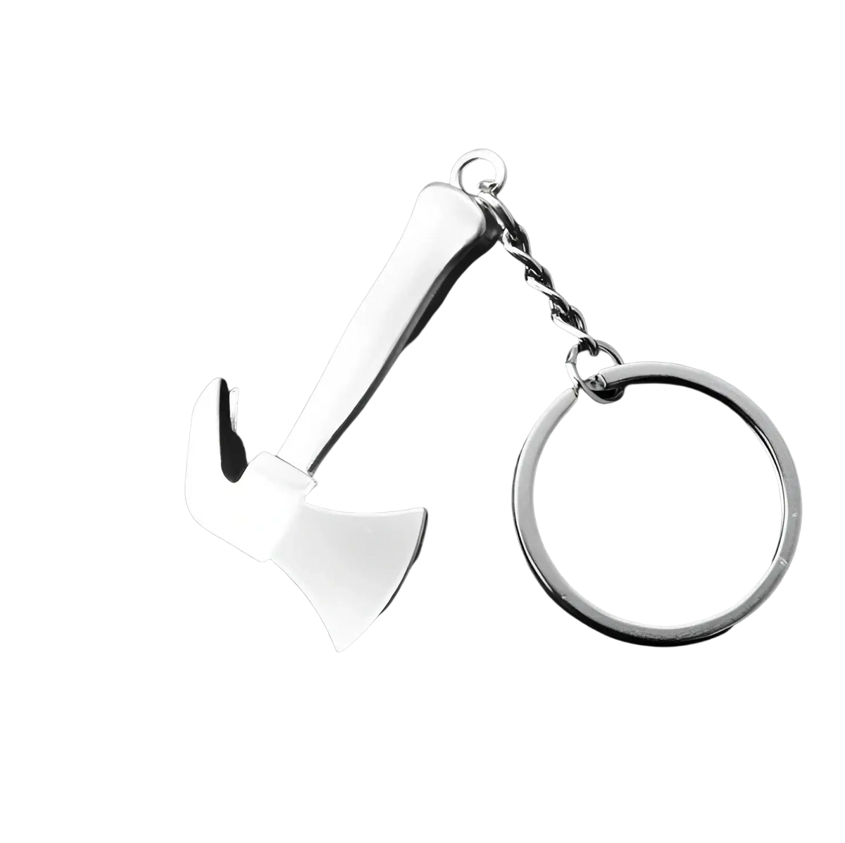 Silver metal mini tool keychain shaped like a hammer with axe head featuring chain and ring attachment