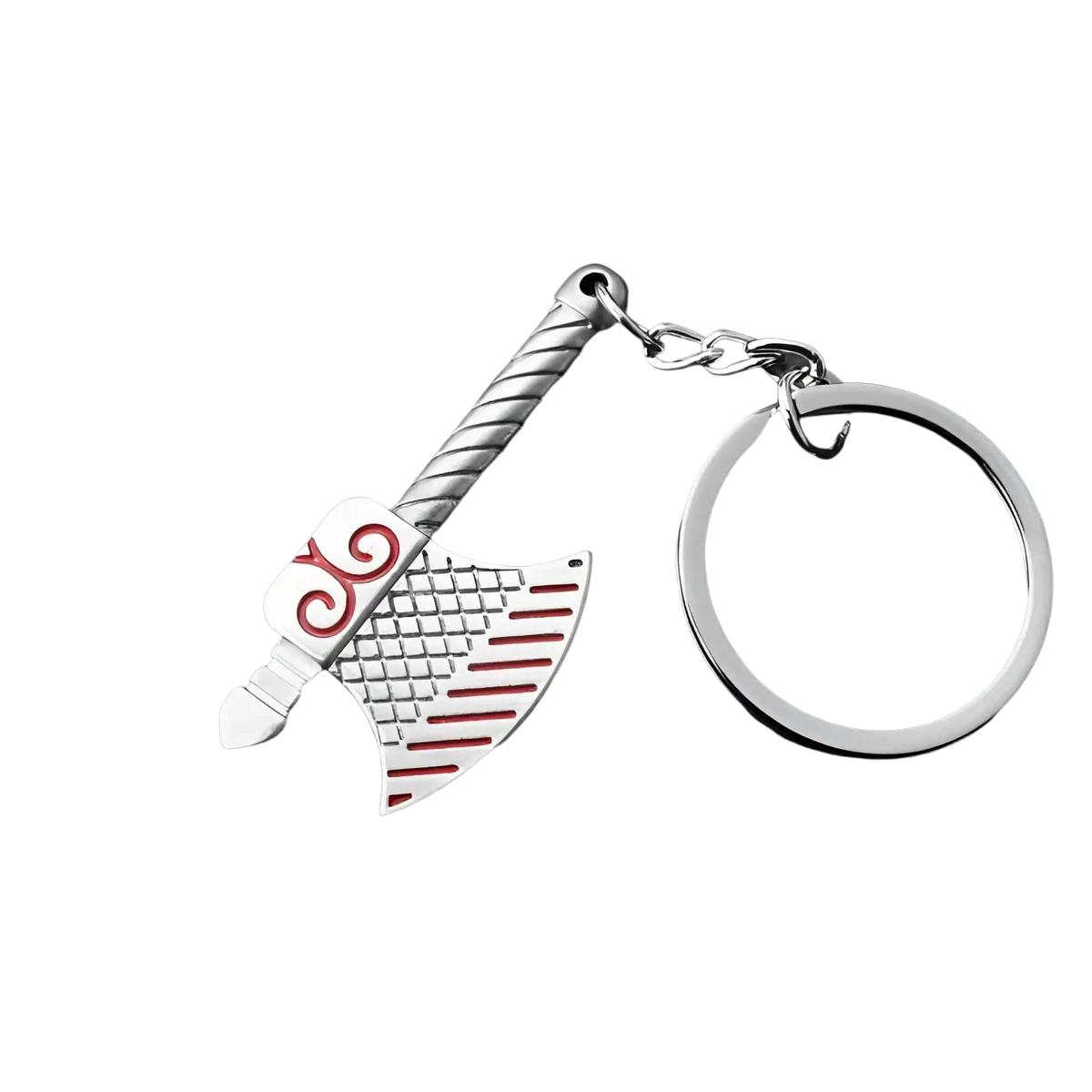 Silver-colored metal mini tool keychain shaped like an axe with a red and white patterned blade for multi-tool use