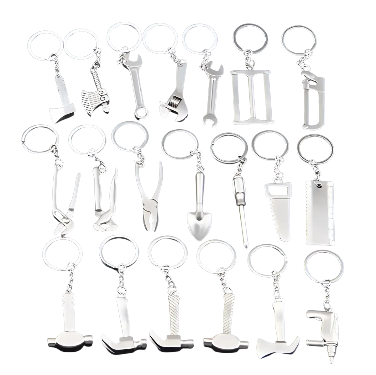Set of silver-colored metal mini tool keychains featuring miniature axes wrenches hammers and saws on key rings