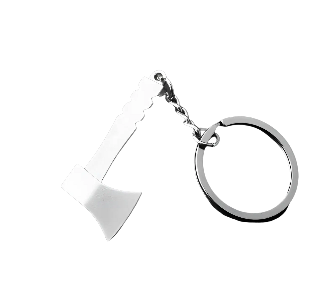 Silver-colored metal axe-shaped keychain with chain and ring from mini tool keychain set metal multi-tool key ring