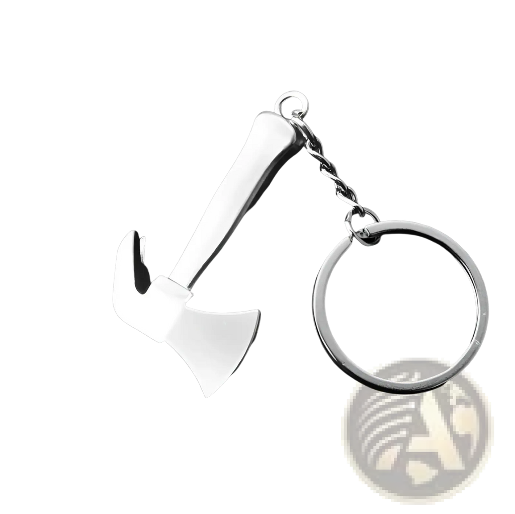 Silver metal mini tool keychain shaped like a hammer with axe head featuring chain and ring attachment