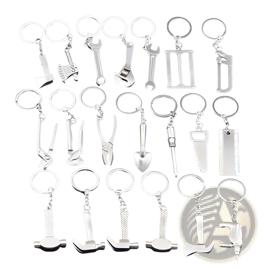 Set of silver-colored metal mini tool keychains featuring miniature axes wrenches hammers and saws on key rings