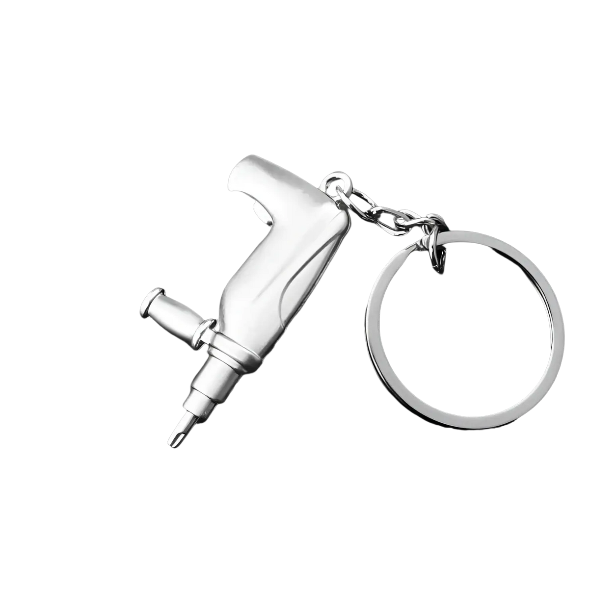 Silver metallic mini tool keychain shaped like a drill with chain and ring metal multi-tool key ring for everyday use