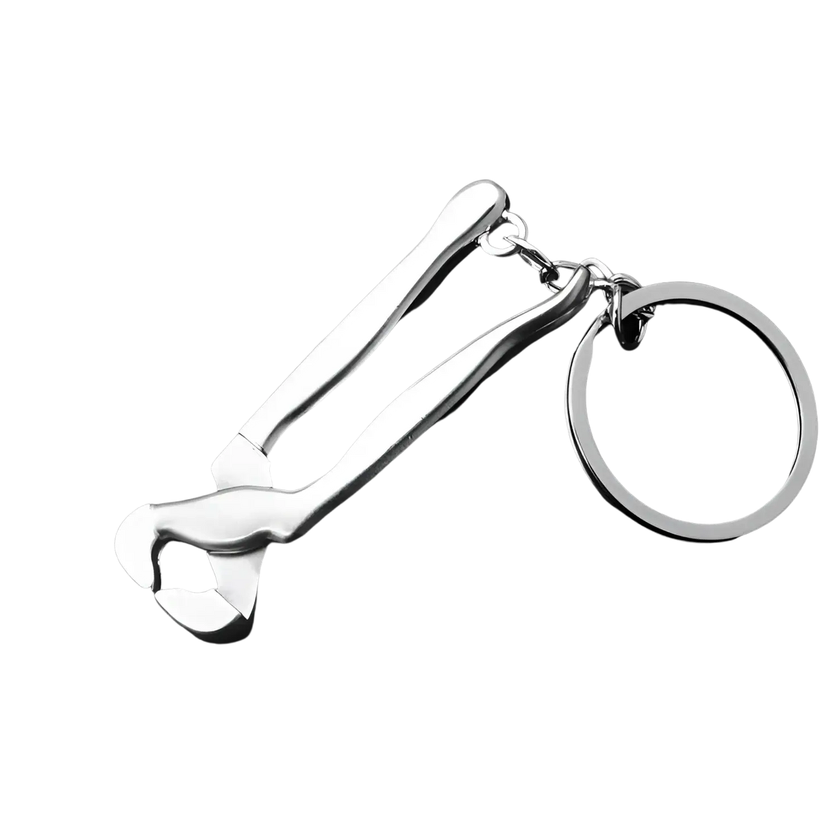 Silver metallic mini tool keychain set featuring a bottle opener with two handles and an integrated ring