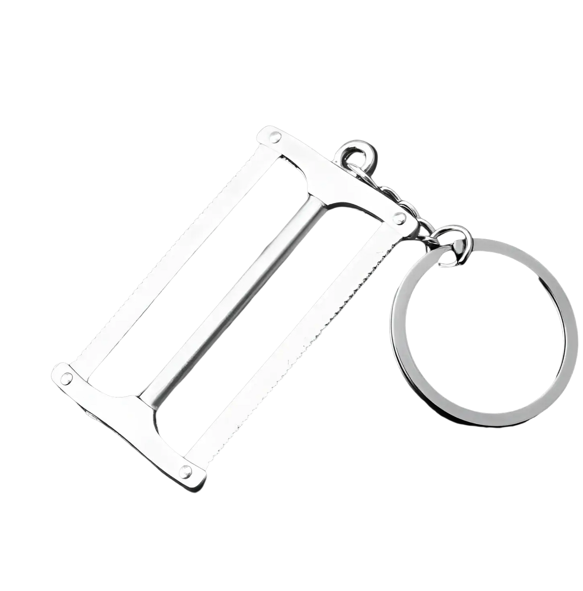 Silver metallic mini tool keychain shaped like a saw with serrated edges on a circular metal ring