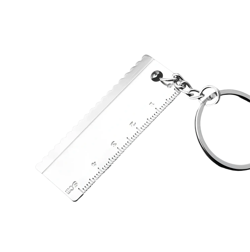 Silver metallic keychain ruler with serrated edge and engraved measurements in mini tool keychain set metal multi-tool