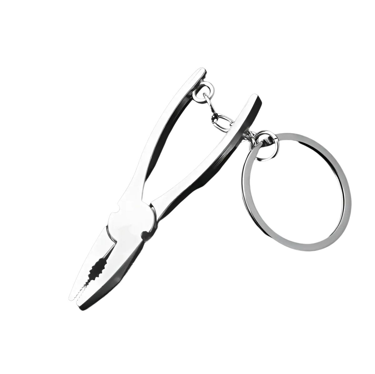 Silver metallic mini tool keychain set featuring a metal multi-tool key ring shaped like miniature pliers