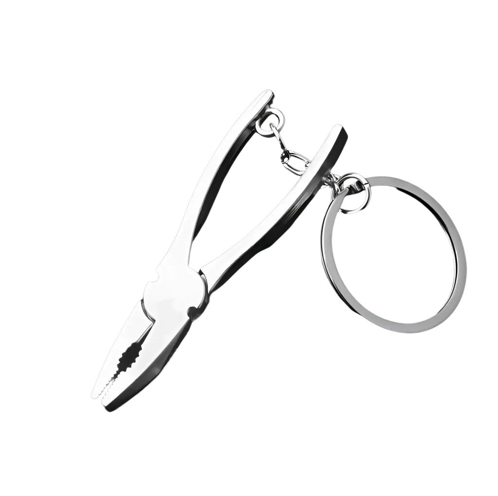 Silver metallic mini tool keychain shaped like miniature pliers made of metal for multi-tool key ring use