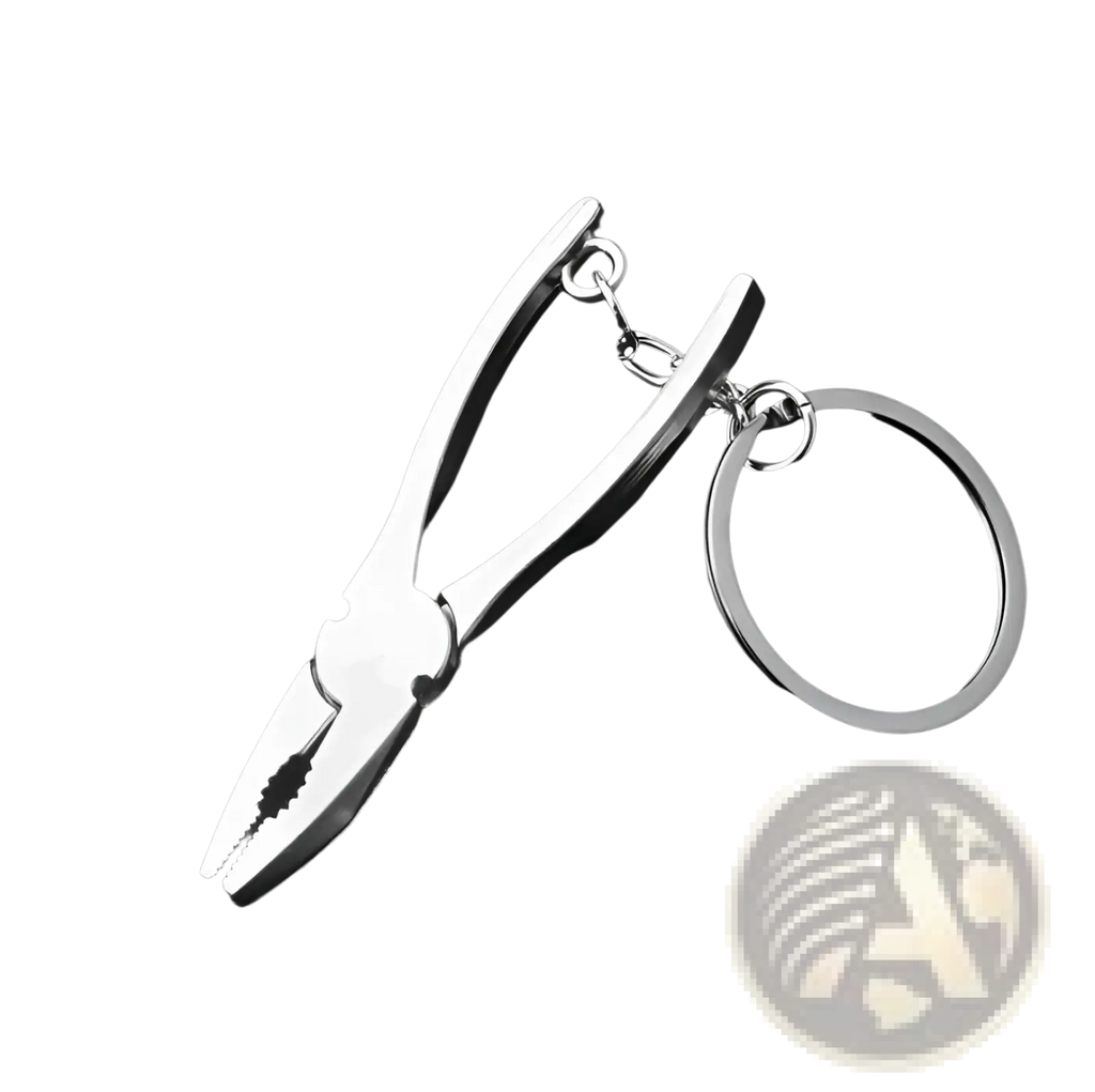 Silver metallic mini tool keychain shaped like miniature pliers made of metal for multi-tool key ring use