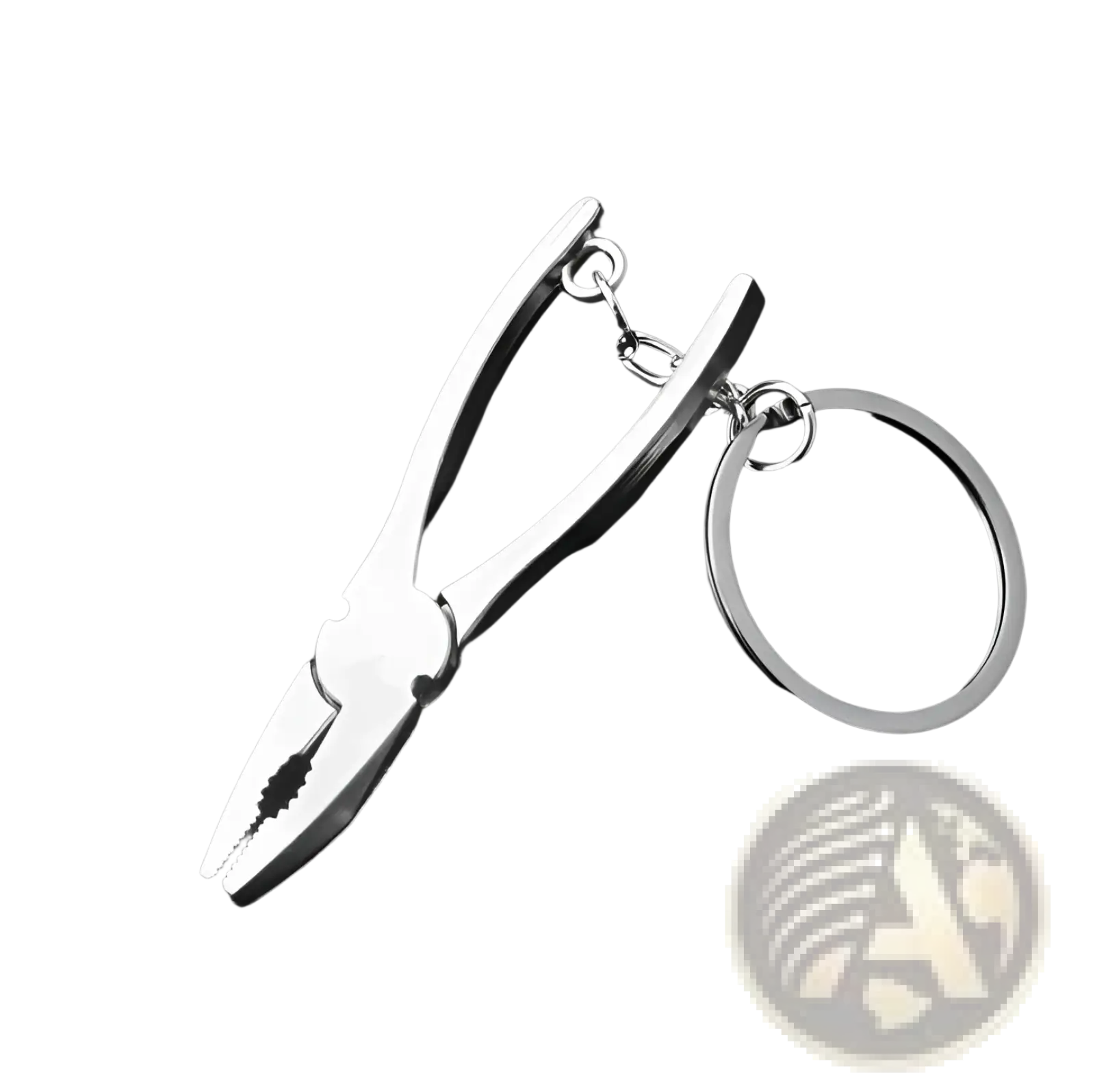 Silver metallic mini tool keychain shaped like miniature pliers made of metal for multi-tool key ring use
