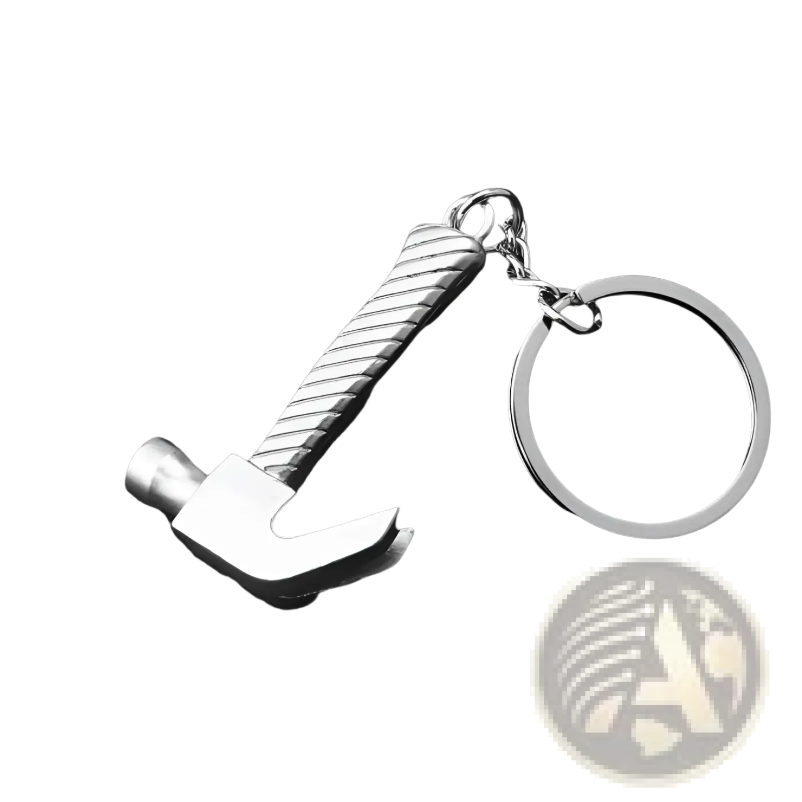 Silver metallic hammer shaped keychain with textured twisted handle and polished head from mini tool keychain set metal multi tool key ring