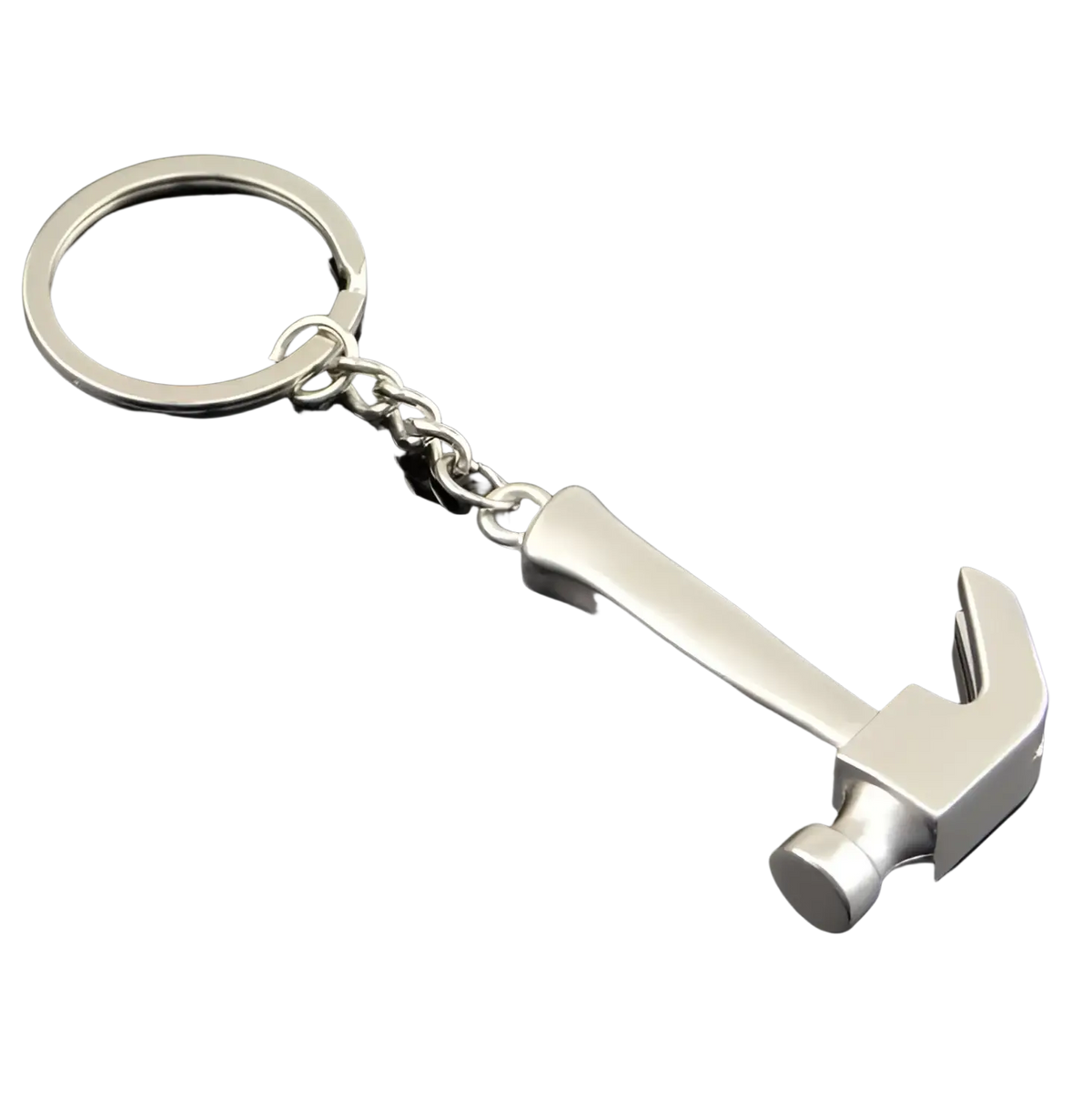 Silver metallic hammer-shaped keychain with polished finish and chain attachment from mini tool keychain set metal multi-tool key ring