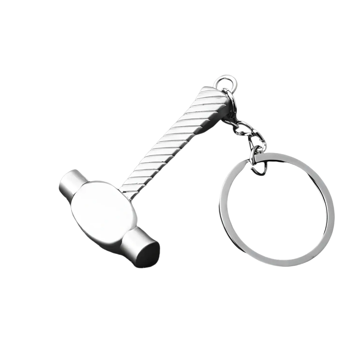 Silver metallic hammer-shaped keychain with textured twisted handle and polished head from mini tool keychain set