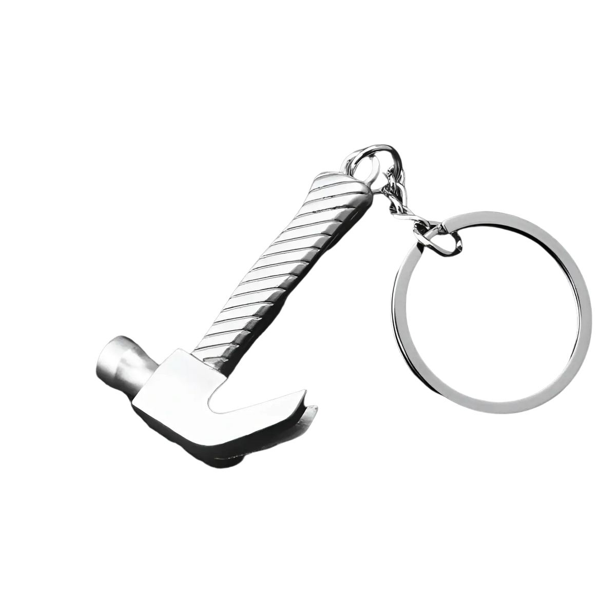 Silver metallic hammer-shaped keychain with textured twisted handle and polished head in mini tool keychain set metal multi-tool