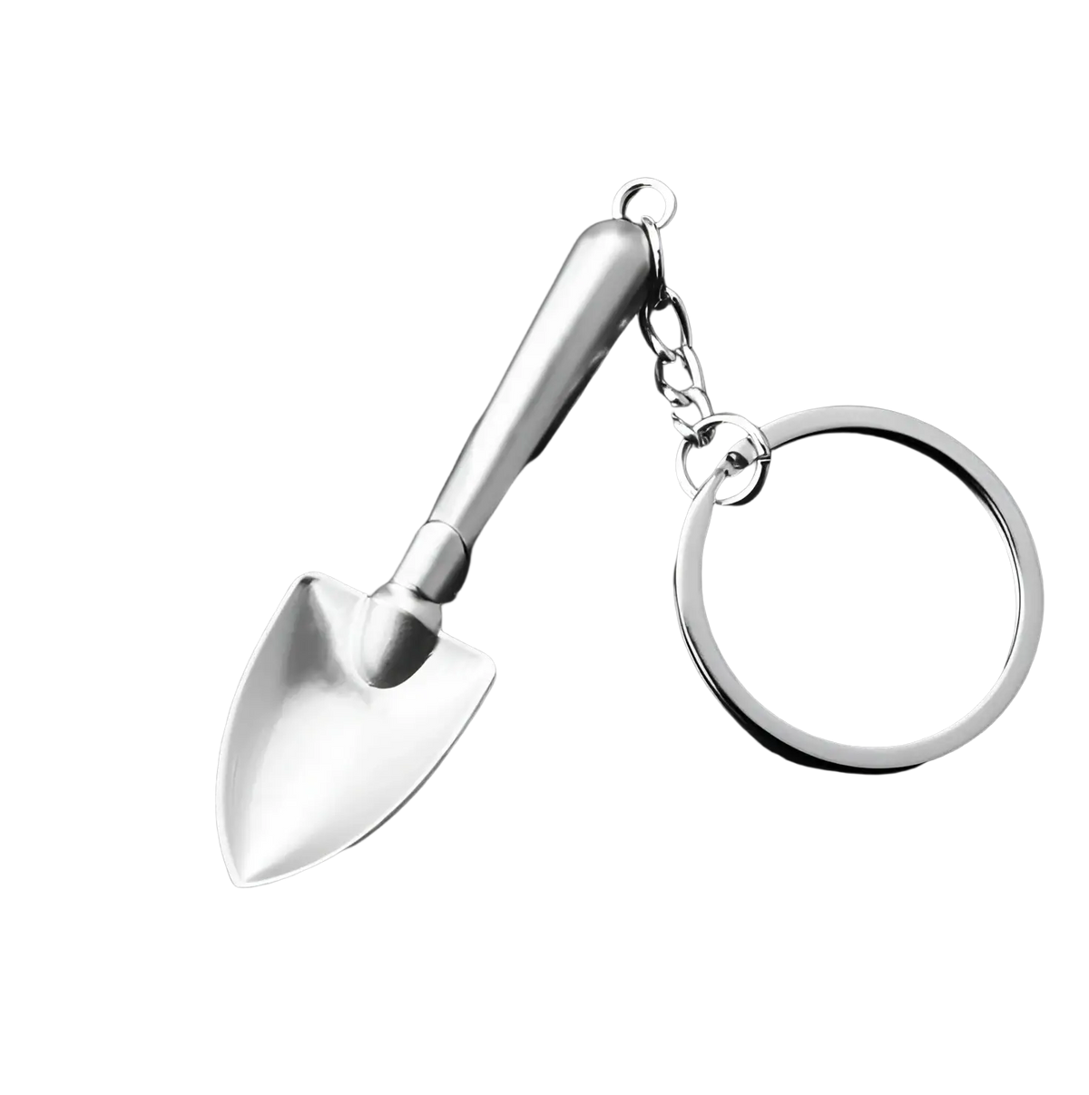 Silver metallic miniature garden trowel keychain with polished finish attached to metal multi-tool key ring