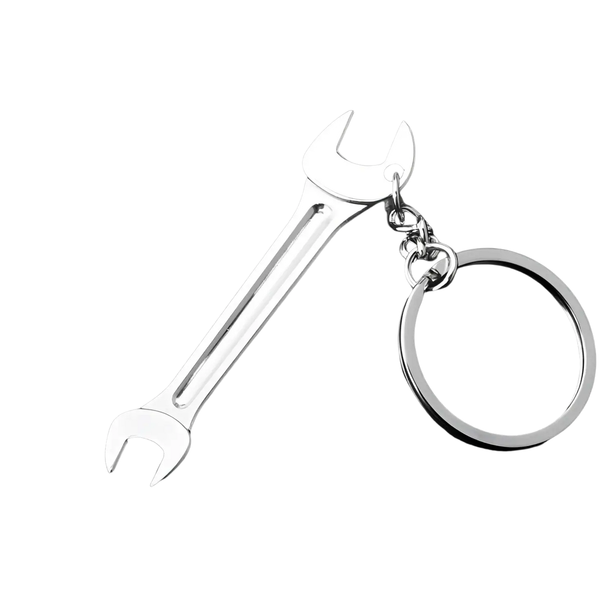 Silver metallic wrench-shaped keychain made of metal with circular ring and chain attachment for mini tool keychain set
