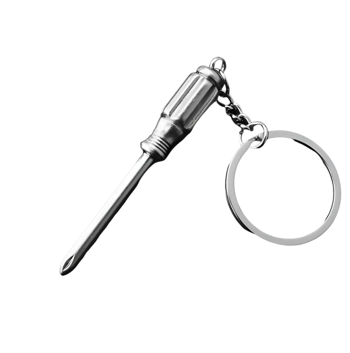 Silver metal mini tool keychain featuring a screwdriver shape with a polished finish and a circular key ring