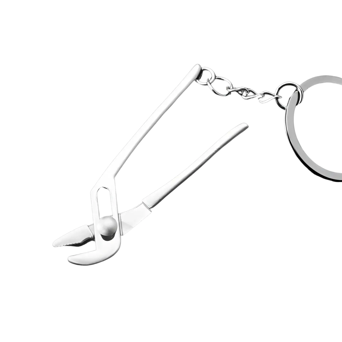 Silver-toned miniature pliers keychain with sleek metallic finish and chain attachment from mini tool keychain set