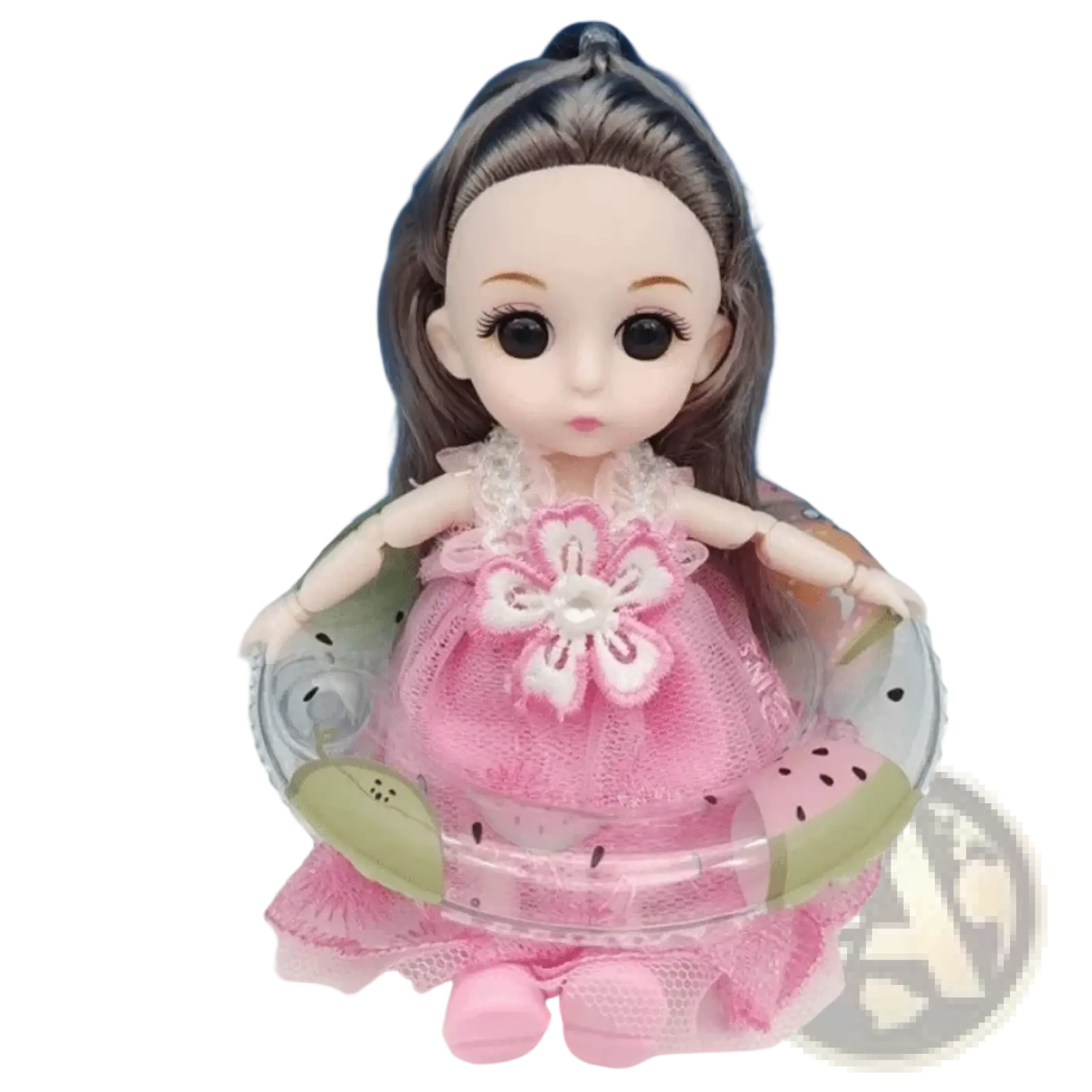 A pink doll with long brown hair and lace-trimmed dress shown with a mini turtle inflatable swim ring aquarium toy