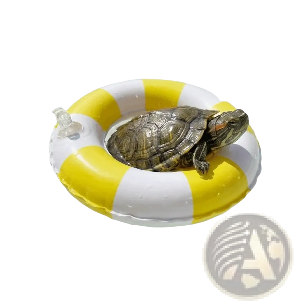Mini turtle inflatable swim ring aquarium toy in yellow and white stripes with a small turtle resting inside