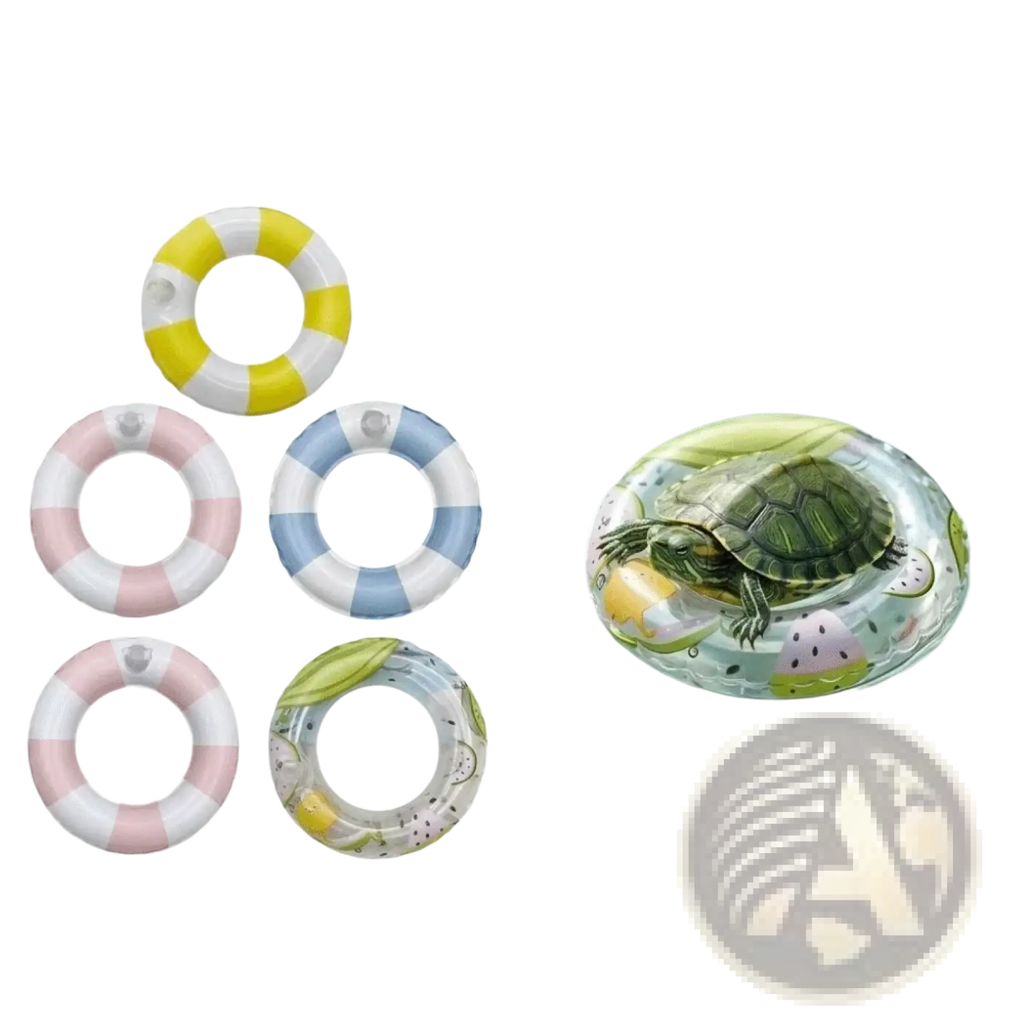Colorful inflatable mini turtle swimming pool float with playful watermelon and leaf patterns for small pets