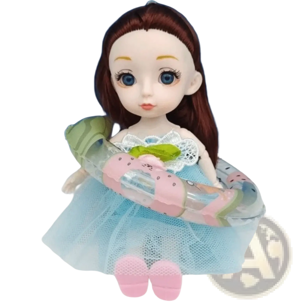 Mini turtle swimming pool float inflatable toy with a doll featuring long brown hair and blue eyes in a light blue dress