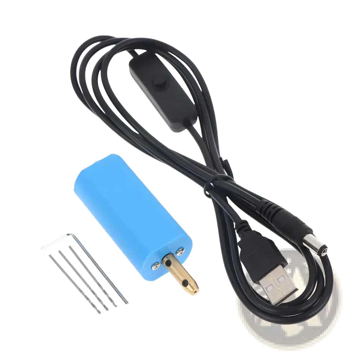Blue cylindrical mini usb electric hand drill for jewelry resin diy with black usb cable and switch visible