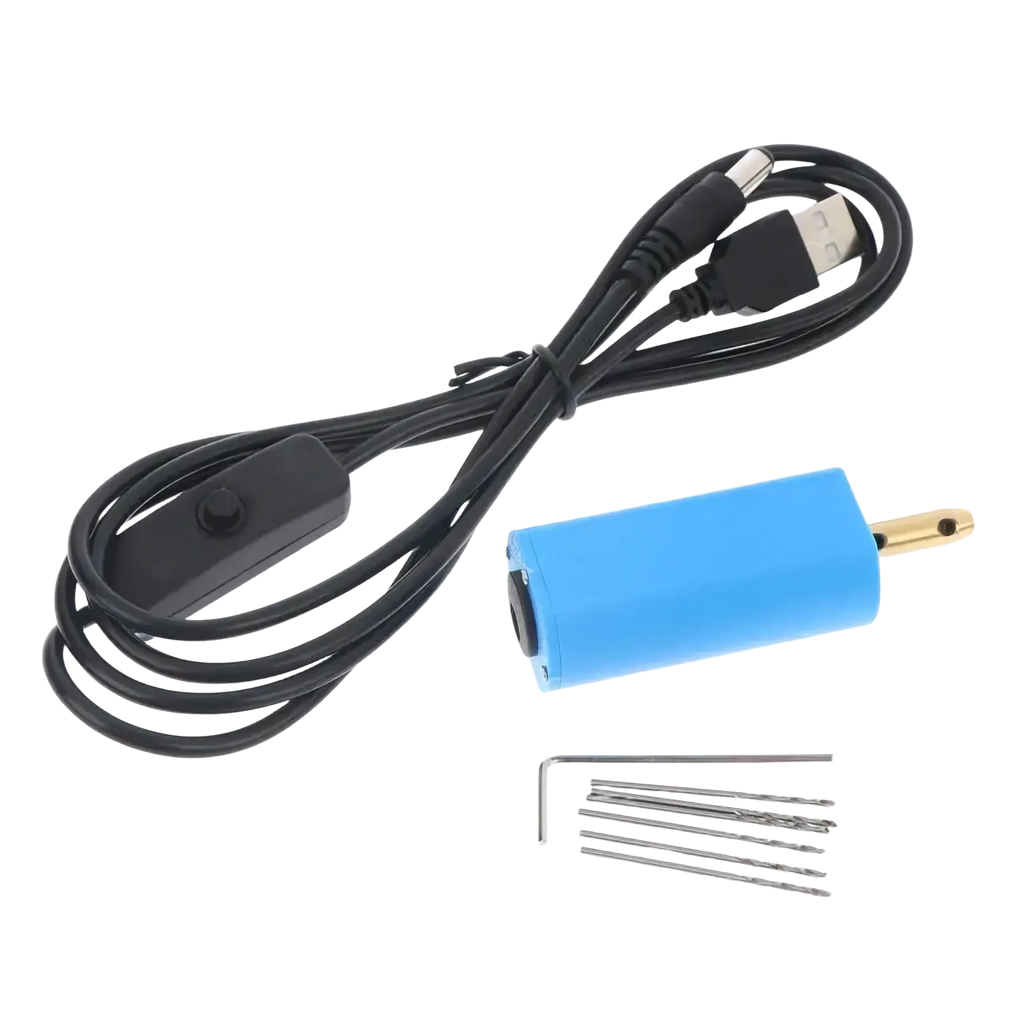 Blue cylindrical mini usb electric hand drill with gold metal tip black cord and toggle switch for jewelry resin diy