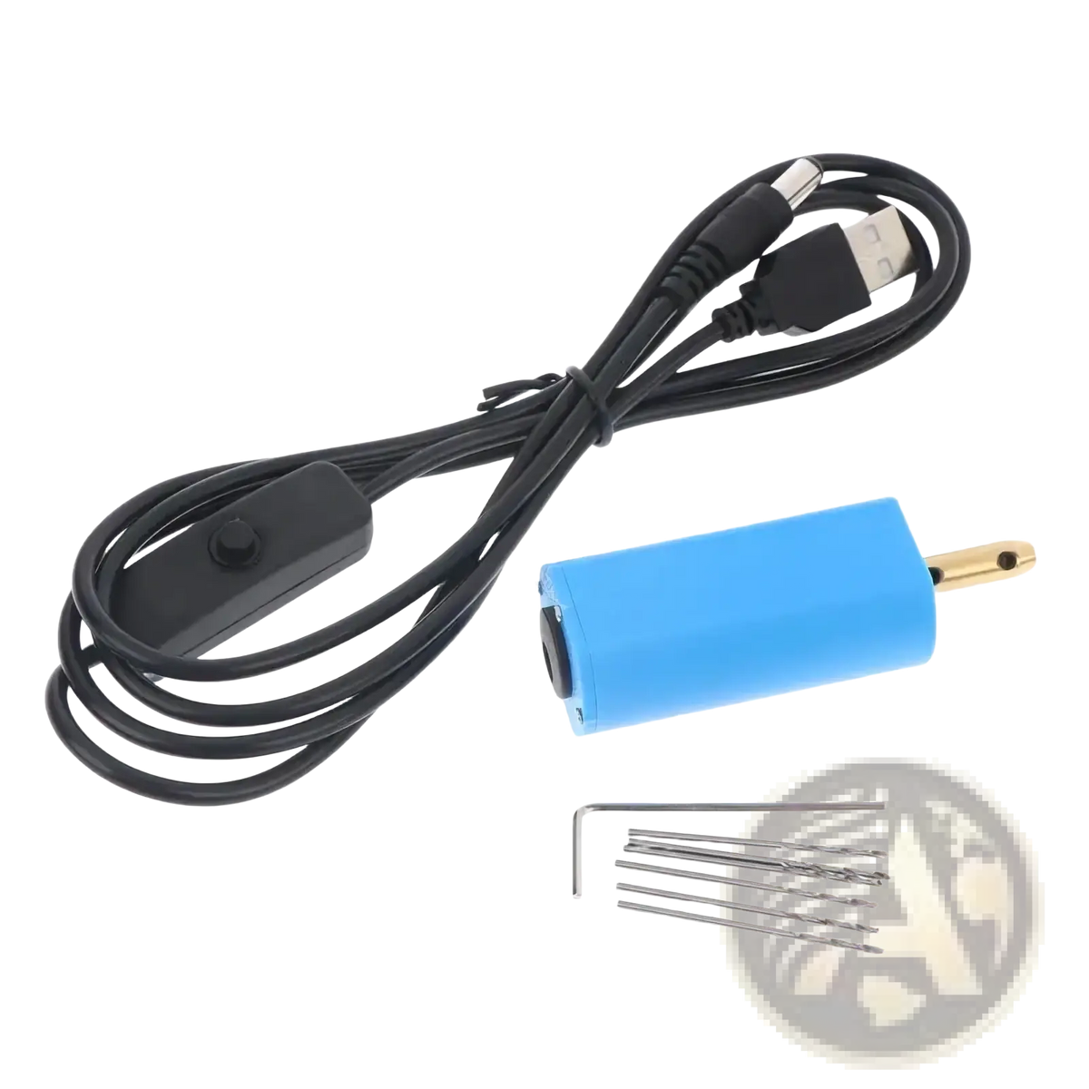 Blue cylindrical mini usb electric hand drill with gold metal tip black cord and toggle switch for jewelry resin diy