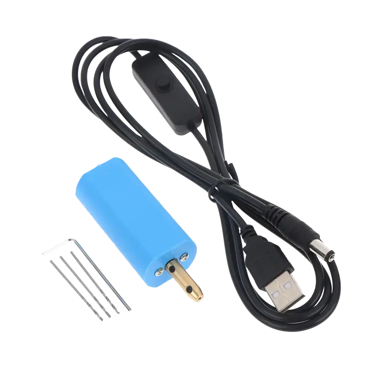 Blue cylindrical mini usb electric hand drill for jewelry resin diy with black usb cable and switch visible