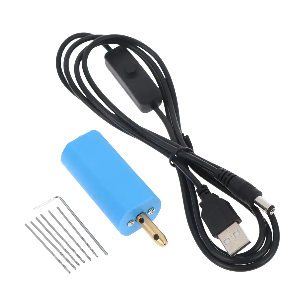 Blue cylindrical mini usb electric hand drill with black usb cable and switch for jewelry resin diy projects