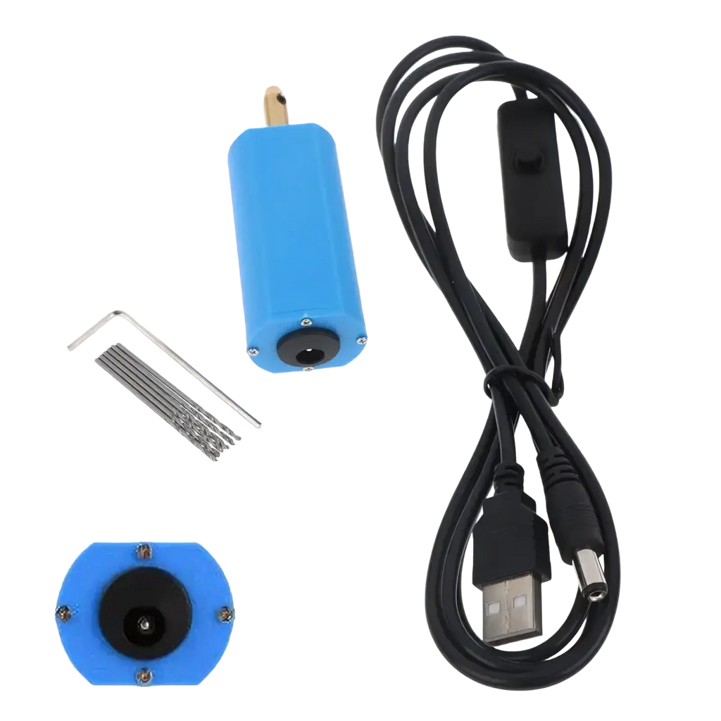Blue cylindrical usb-powered mini electric hand drill with black cord and switch for jewelry resin diy projects
