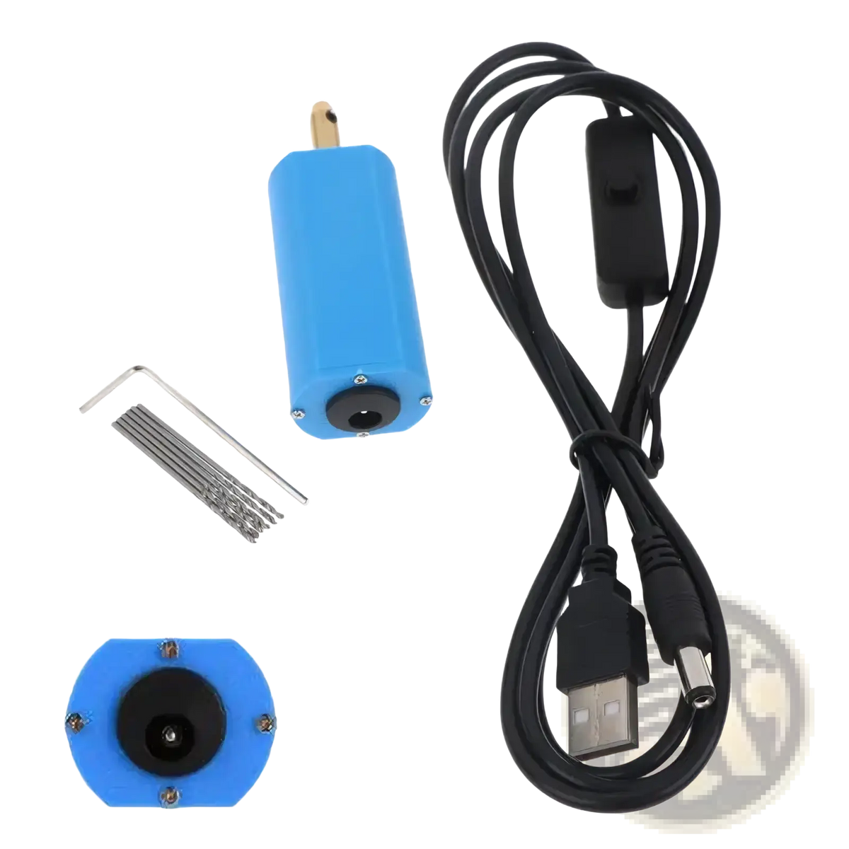 Blue cylindrical usb-powered mini electric hand drill with black cord and switch for jewelry resin diy projects