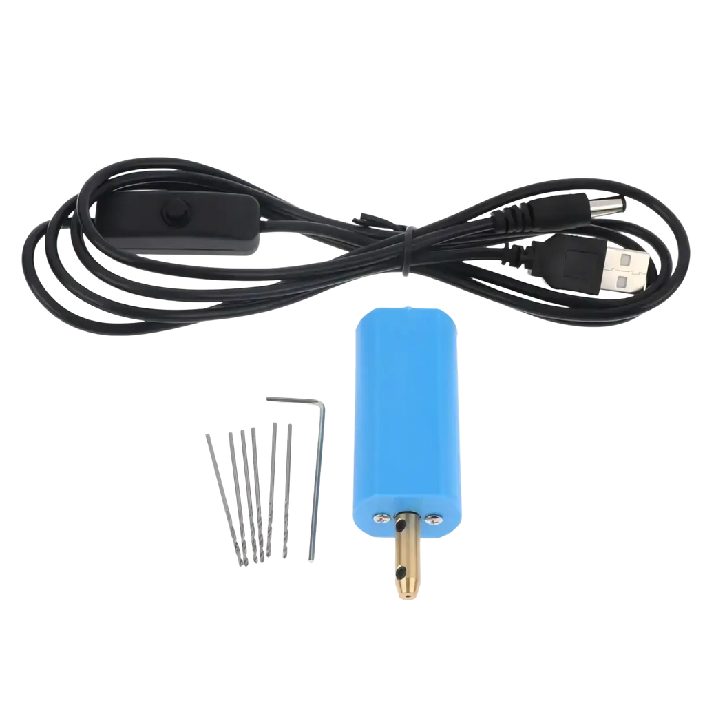 Blue plastic handheld usb-powered mini electric hand drill with brass chuck and black cord for jewelry resin diy projects