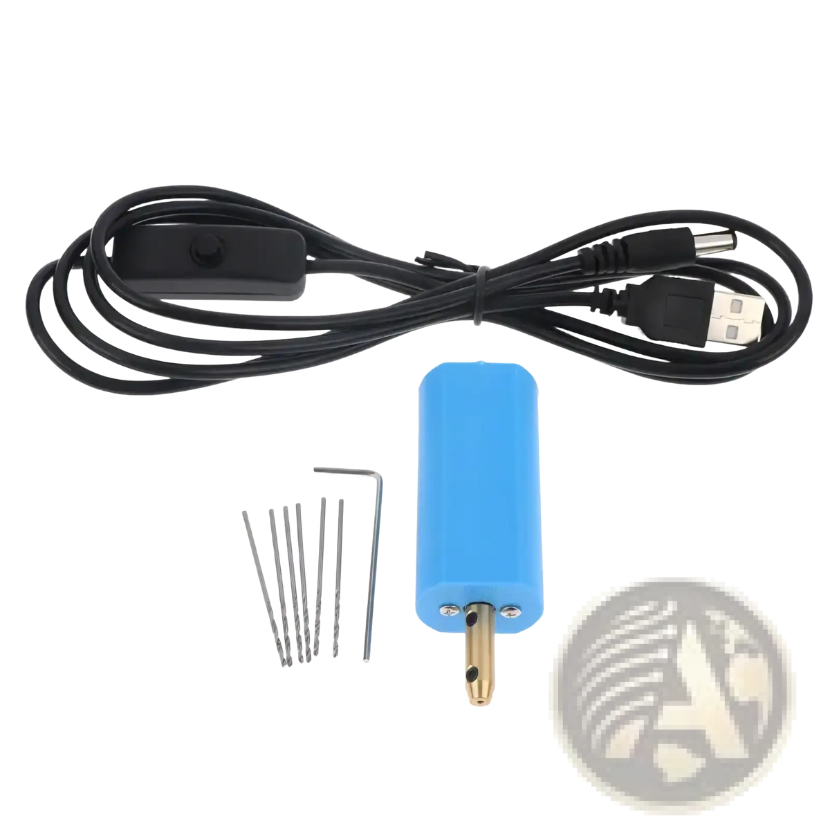 Blue plastic handheld usb-powered mini electric hand drill with brass chuck and black cord for jewelry resin diy projects