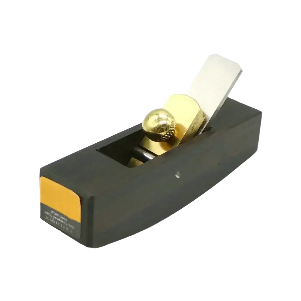 Black wooden mini wood hand plane set with adjustable carbon steel blades and polished brass knob featuring orange label