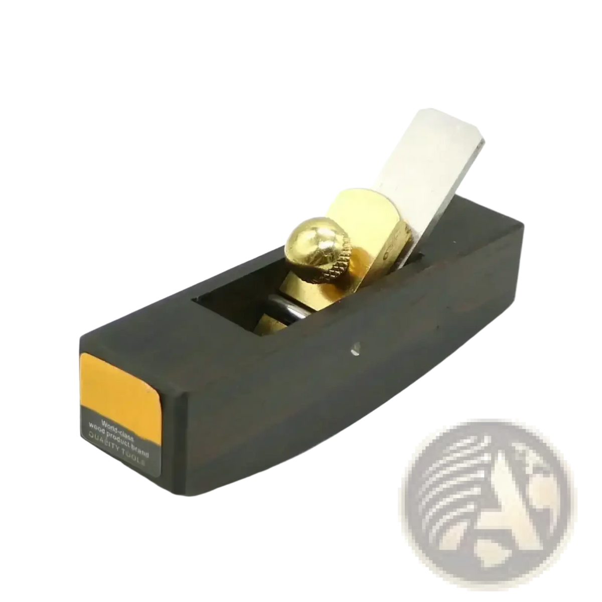 Black wooden mini wood hand plane set with adjustable carbon steel blades and polished brass knob featuring orange label