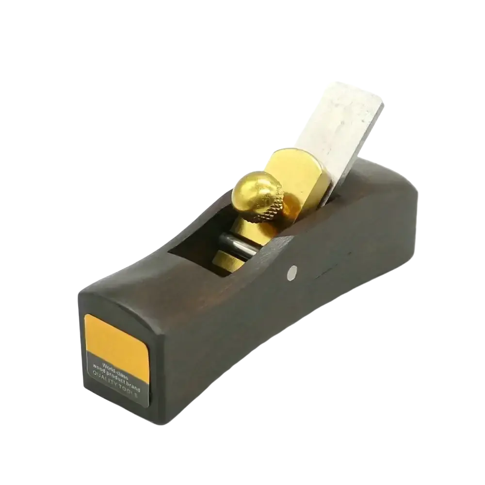 Dark wood-handled mini wood hand plane set with polished brass knob and adjustable carbon steel blades